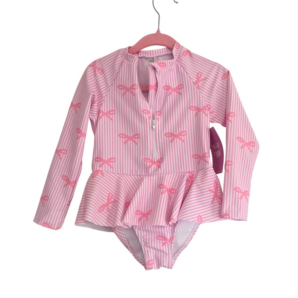 NWT Victoria Jewels Girl Pink Stripe Bow Long Sleeve Guard Swimsuit Ruffle Skirt